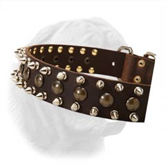 Extra Wide Dogue de Bordeaux Leather Collar with Buckle and Refined Triple Decoration