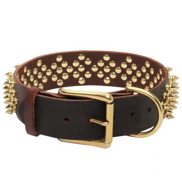 Superior genuine leather dog collar with shiny spikes