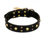 FDT Artisan 'Heavy Metal' Leather Dog De Bordeaux Collar with Skulls and Studs 1 1/2 inch (40 mm)