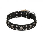 FDT Artisan 'Rock 'n' Roll Style' Fancy Leather Dogue de Bordeaux Collar with Skulls, Bones and Studs 1 1/2 inch (40 mm) wide