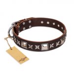 "Perfect Impression" FDT Artisan Brown Leather Dogue de Bordeaux Collar with Silver-Like Studs - 1 1/2 inch (40 mm) Wide