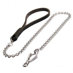 Quality dog leash with leather handle and Herm Sprenger chain and snap hook