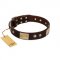 "Middle Age" FDT Artisan Brown Leather Dogue de Bordeaux Collar with Old Bronze-Plated Engraved Flowers and Large Plates