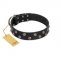 "Power-Flower" FDT Artisan Black Leather Dogue de Bordeaux Collar with Two Rows of Silver-like Studs with Engraved Flowers