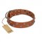 "Waltz of the Flowers" Handmade FDT Artisan Tan Leather Dogue de Bordeaux Collar with Chrome-plated Engraved Studs
