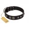 "Tricky Ricky" FDT Artisan Black Leather Dogue de Bordeaux Collar Adorned with Silver-Like Conchos