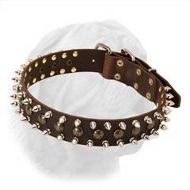 3 Rows Spiked and Studded Extra Wide Leather Collar for French Mastiff