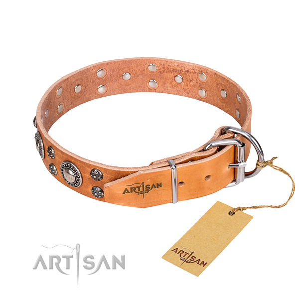 Daily use full grain genuine leather collar with decorations for your canine