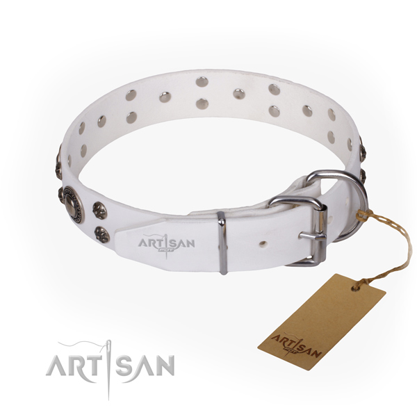 Stylish walking natural genuine leather collar with decorations for your four-legged friend