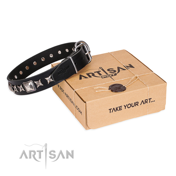 Decorated genuine leather dog collar for daily use