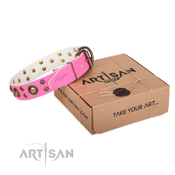 Full grain genuine leather dog collar with decorations for daily walking