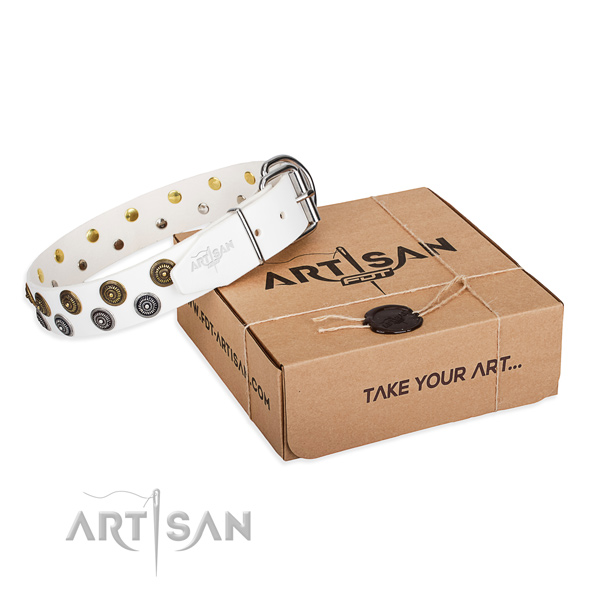 Decorated natural genuine leather dog collar for walking