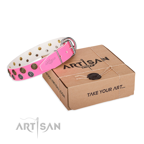 Embellished natural genuine leather dog collar for everyday walking