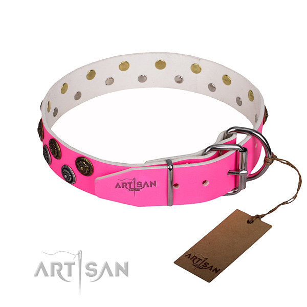 Daily use natural genuine leather collar with decorations for your four-legged friend