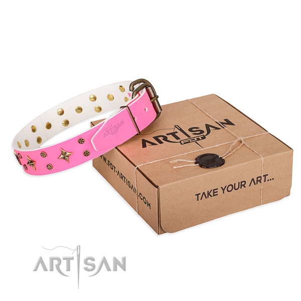 Adorned genuine leather dog collar for daily use