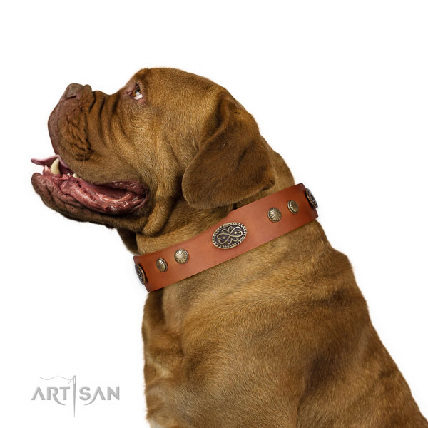 Corrosion resistant D-ring on full grain natural leather dog collar for easy wearing