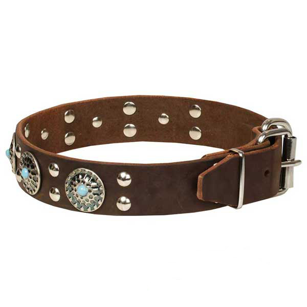 Genuine leather brown dog collar for walking