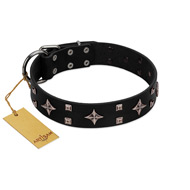 "Snappy Dresser" FDT Artisan Black Leather Dogue de Bordeaux Collar Adorned with Stars and Tiny Squares