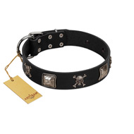 "Sea Rover" Embellished FDT Artisan Black Leather Dogue de Bordeaux Collar with Chrome Plated Crossbones and Plates