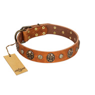 "Call of Feat" FDT Artisan Tan Leather Dogue de Bordeaux Collar with Old Bronze-like Studs and Oval Brooches