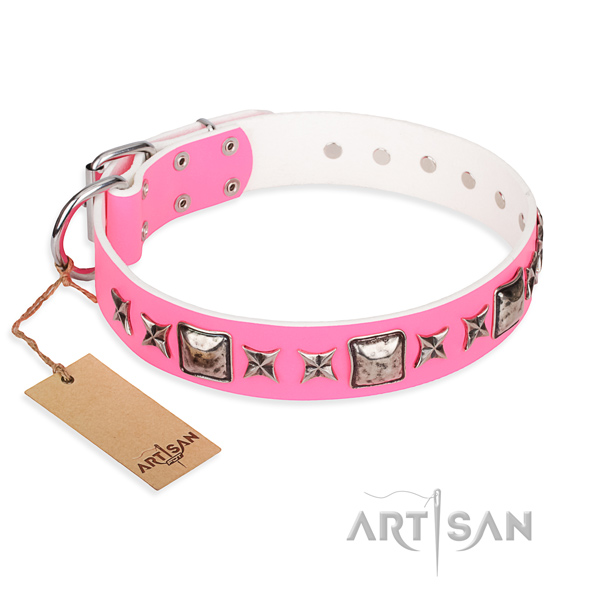Genuine leather dog collar made of soft to touch material with corrosion proof fittings