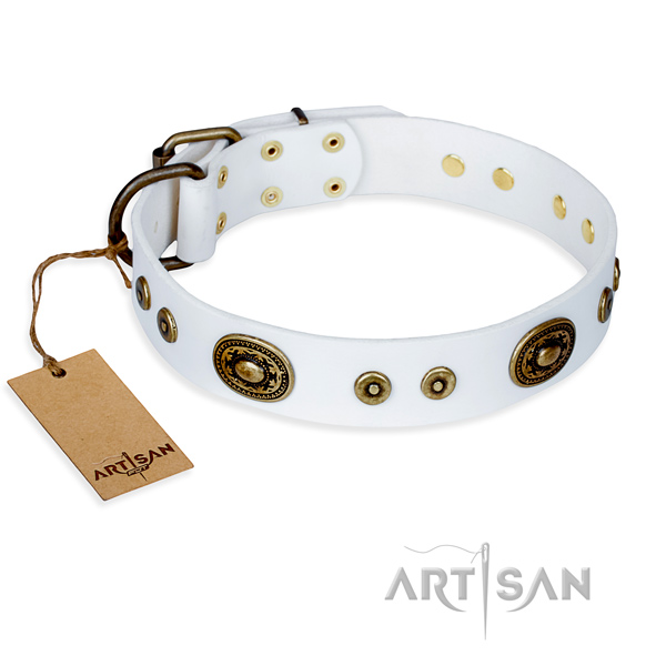 Leather dog collar made of gentle to touch material with corrosion proof buckle