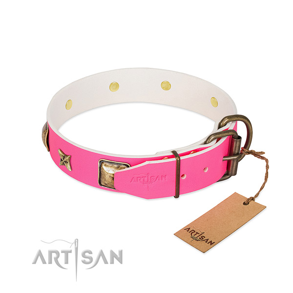 Reliable D-ring on full grain leather collar for stylish walking your four-legged friend