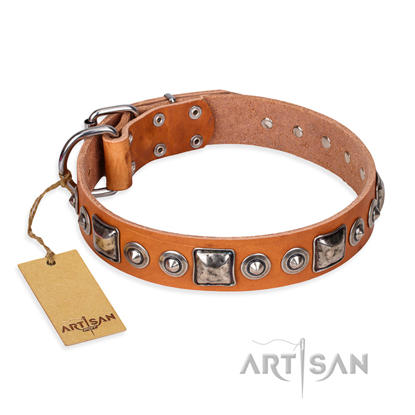 Full grain natural leather dog collar made of reliable material with rust-proof hardware