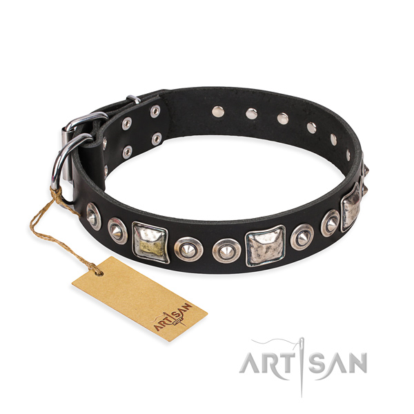 Natural genuine leather dog collar made of soft to touch material with reliable hardware