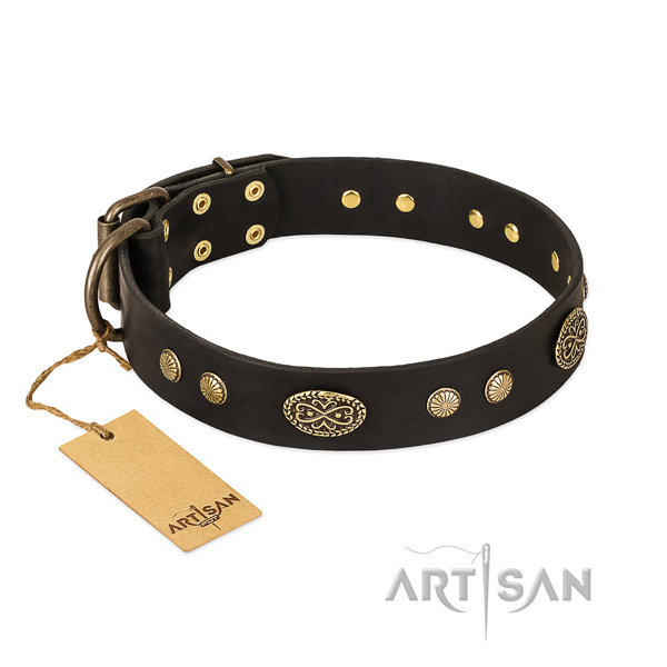 Strong D-ring on leather dog collar for your pet