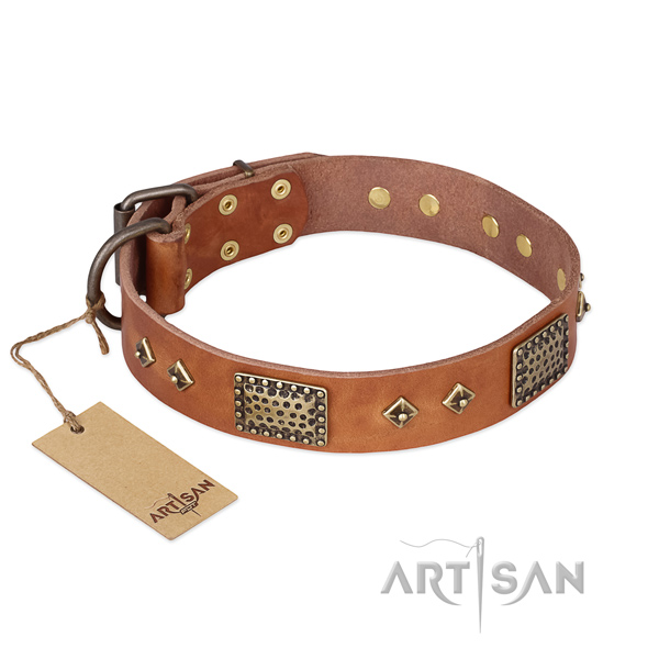 Embellished genuine leather dog collar for easy wearing