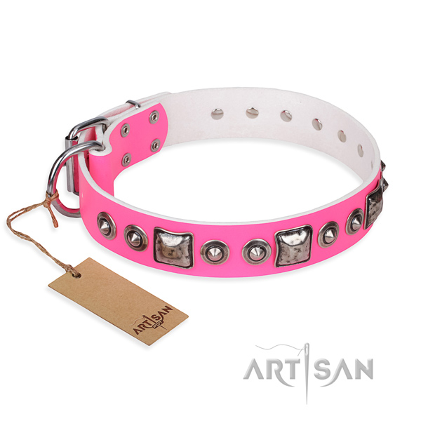 Full grain genuine leather dog collar made of soft to touch material with rust-proof D-ring
