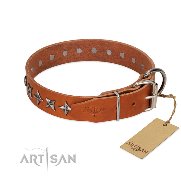 Easy wearing decorated dog collar of durable genuine leather