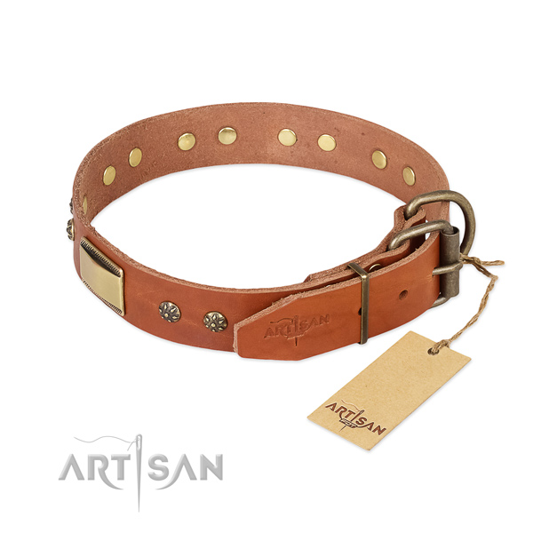 Genuine leather dog collar with corrosion resistant traditional buckle and adornments