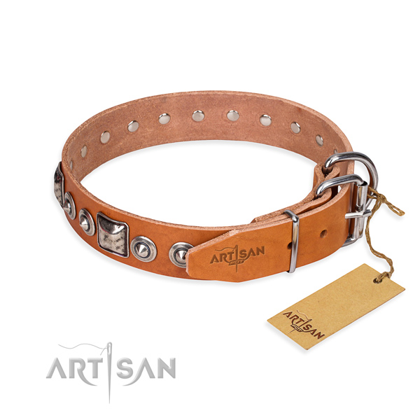 Natural genuine leather dog collar made of top notch material with reliable adornments