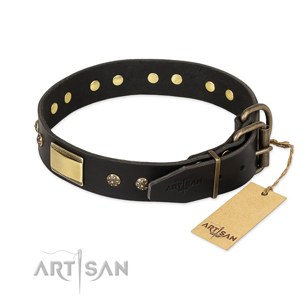 Natural leather dog collar with reliable D-ring and studs