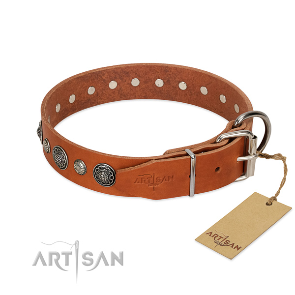 Soft to touch leather dog collar with corrosion proof traditional buckle