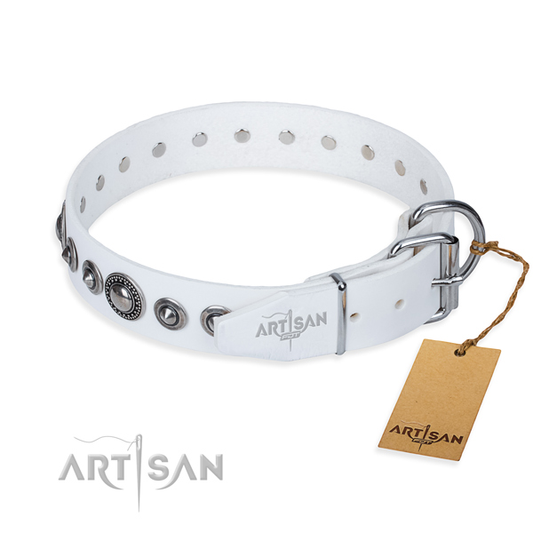 Full grain natural leather dog collar made of soft to touch material with strong embellishments