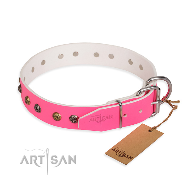 Natural leather dog collar with exquisite corrosion resistant decorations