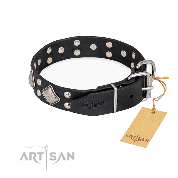 Natural leather dog collar with exquisite corrosion resistant decorations