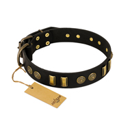 "Simple Elegance" FDT Artisan Black Leather Dogue de Bordeaux Collar with Old Bronze-like Plates and Circles