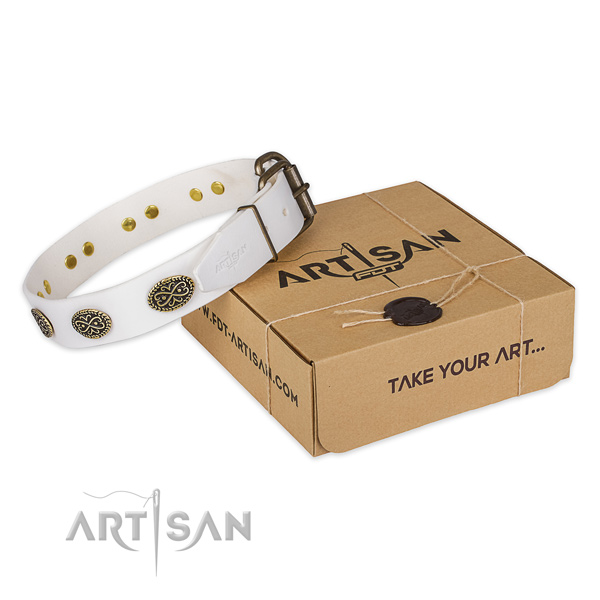 Reliable D-ring on full grain natural leather collar for your beautiful dog