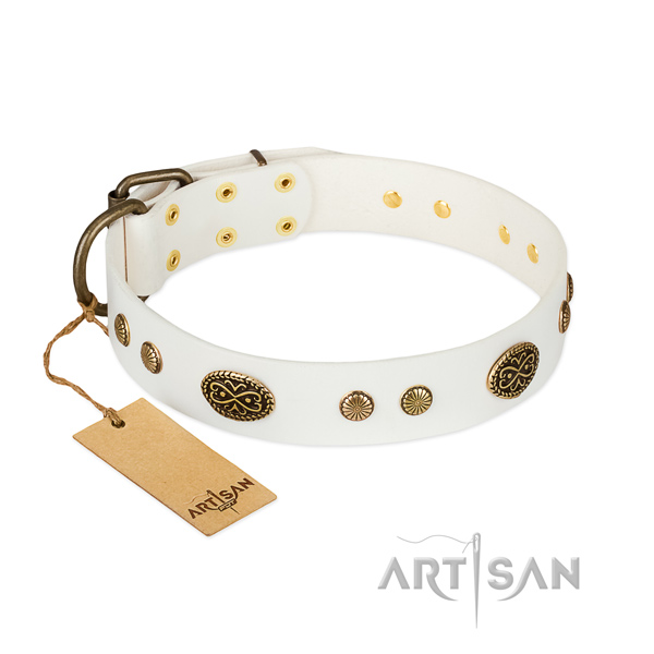 Rust-proof traditional buckle on natural leather dog collar for your doggie