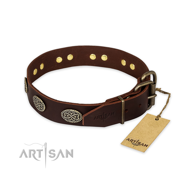 Strong traditional buckle on natural genuine leather collar for your handsome doggie