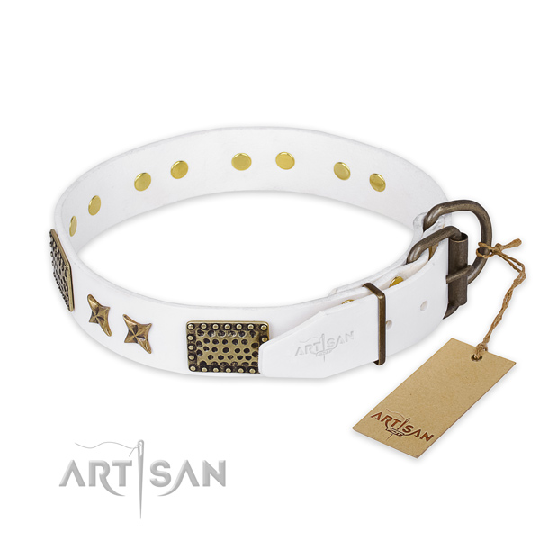 Rust resistant hardware on natural genuine leather collar for your handsome doggie