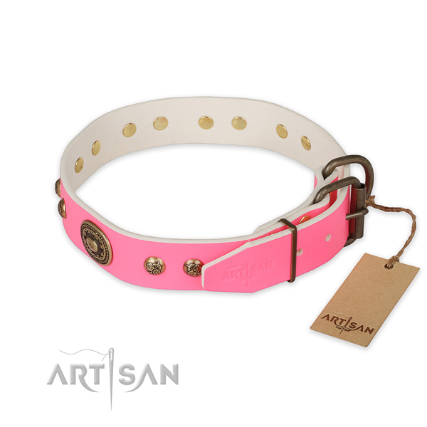 Durable traditional buckle on full grain natural leather collar for daily walking your dog