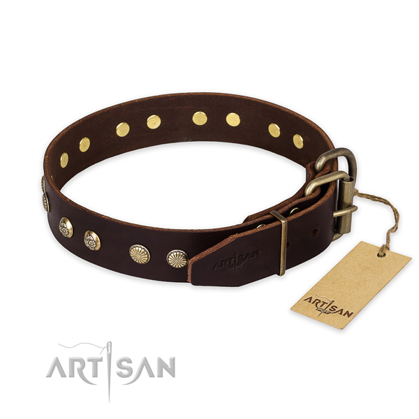 Reliable D-ring on natural genuine leather collar for your handsome doggie