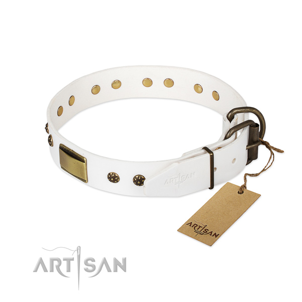 Genuine leather dog collar with corrosion proof fittings and decorations