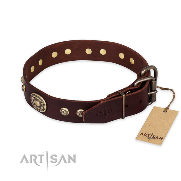 Rust resistant hardware on full grain genuine leather collar for stylish walking your four-legged friend