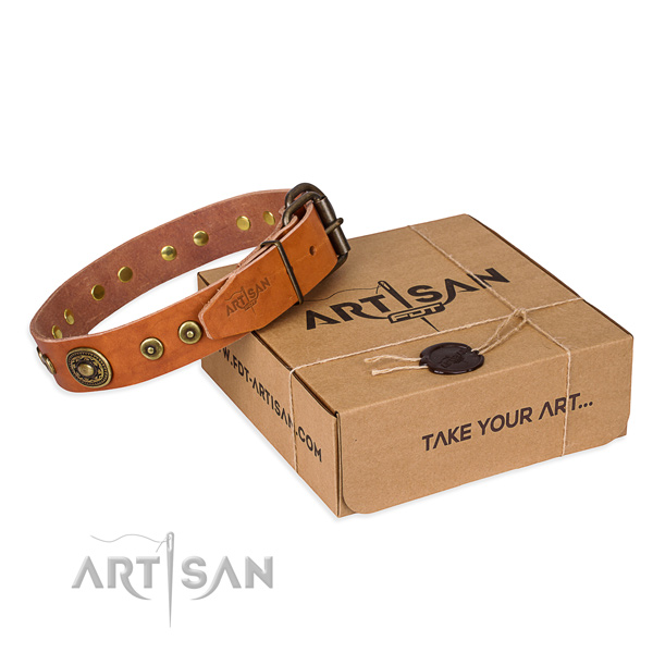 Natural genuine leather dog collar made of quality material with reliable hardware